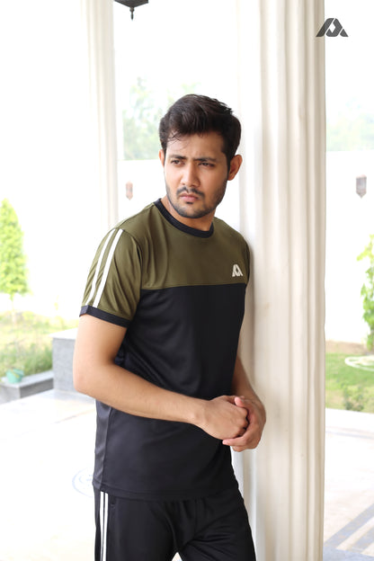 Olive Green & Black Trousers with white Double Stripes - Men's Summer Track Suit