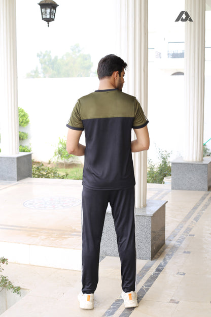 Olive Green & Black Trousers with white Double Stripes - Men's Summer Track Suit